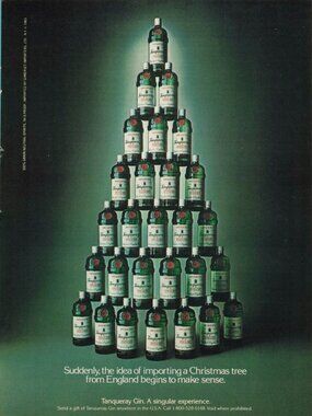 1983 Tanqueray Gin Vintage Print Ad Christmas Bottle Tree Gifts Man Cave Bar Art